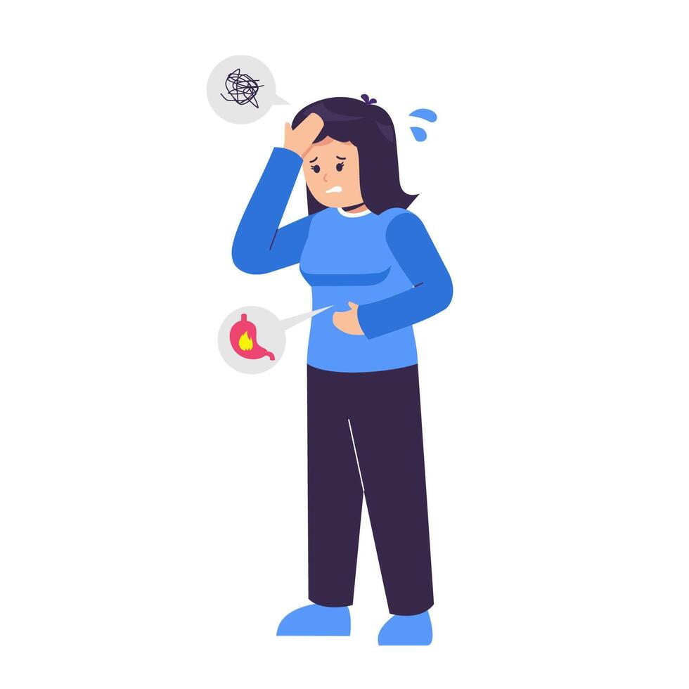 Women who suffer from stomach ache, discomfort, pain, heartburn, or GERD. the connection between stress and digestive discomfort vector