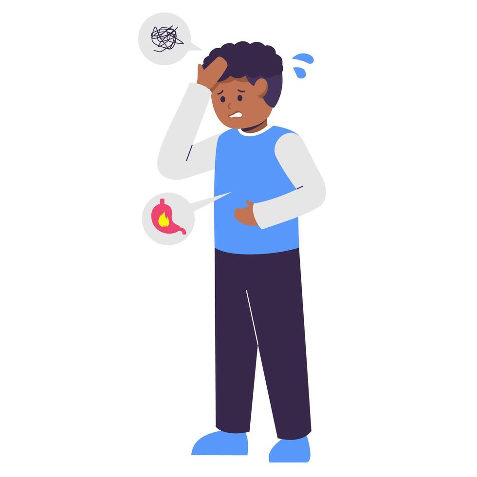 african man who suffer from stomach ache, discomfort, pain, heartburn, or GERD. the connection between stress and digestive discomfort vector