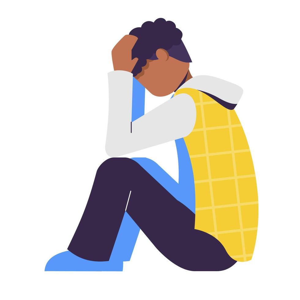 anxious african man holding head looks depressed and scared, mental pressure concept vector