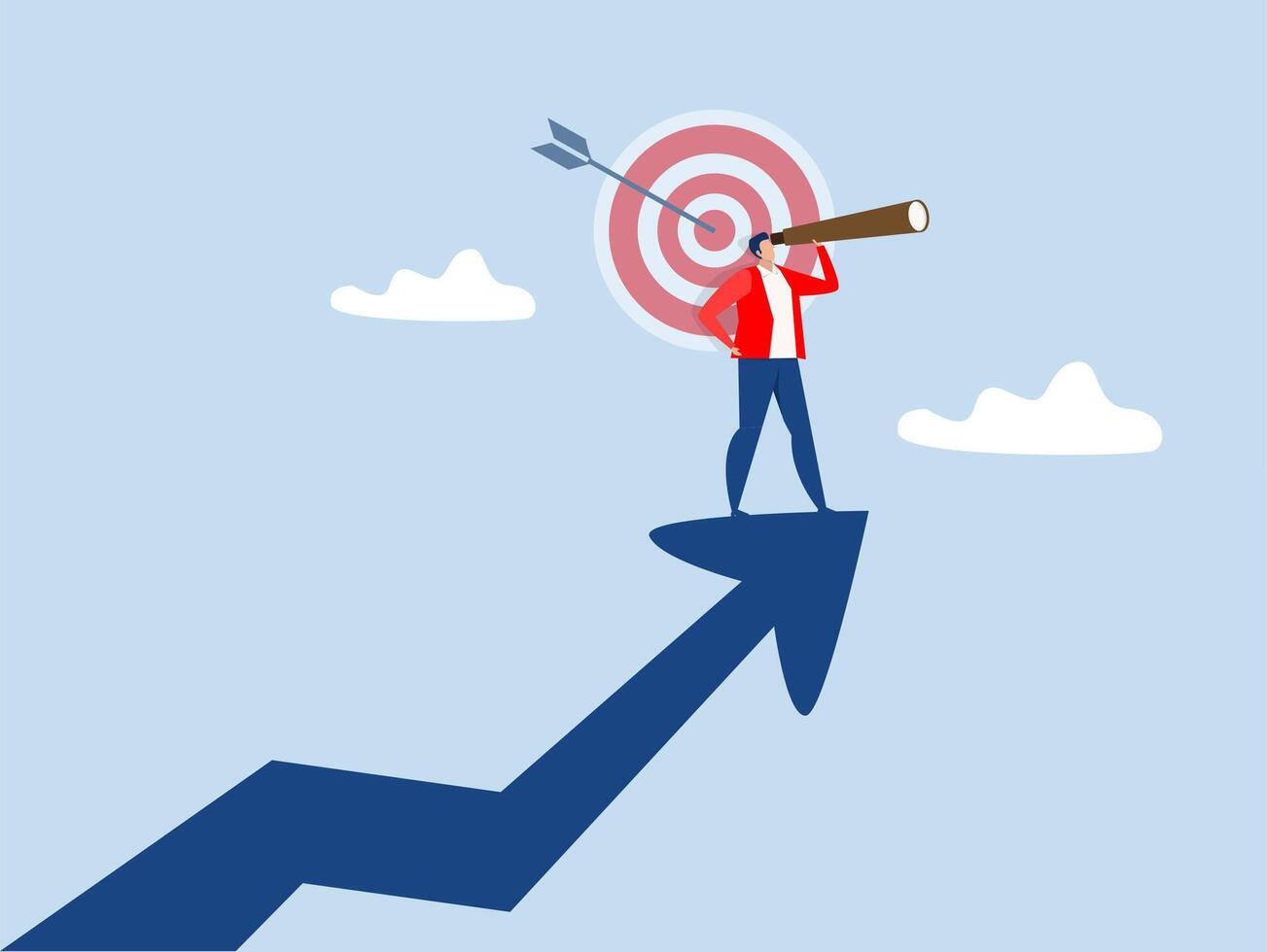 Search more opportunities,businessman climb up rising arrow with big telescope spyglass future growth or vision,profit and earning forecast concept vector