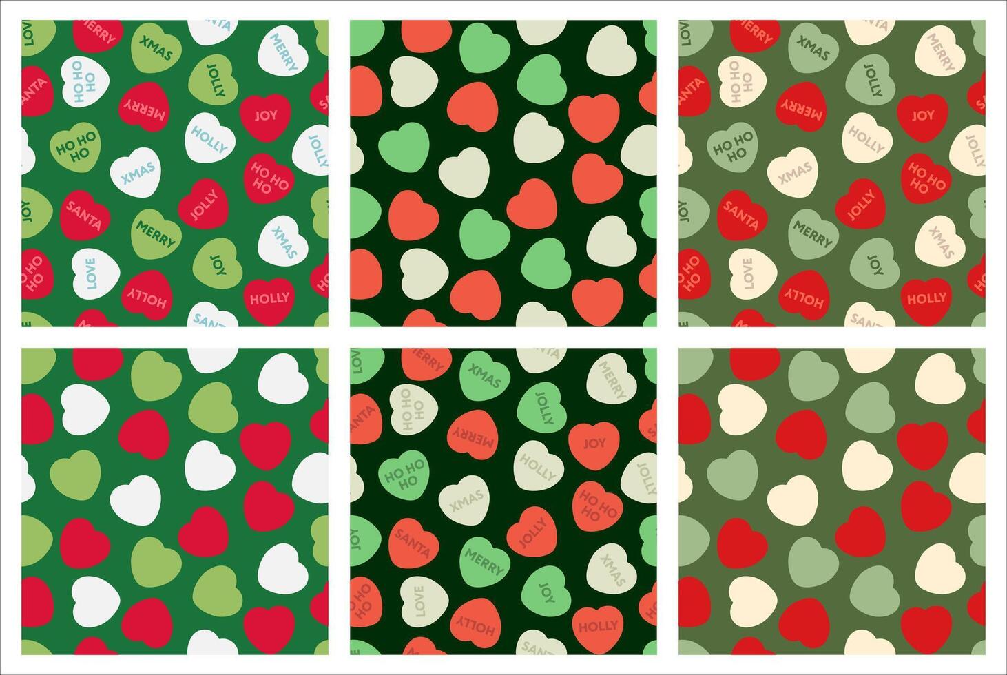 Cheerful holiday design featuring vibrant heart patterns with Christmas words. Ideal for seasonal projects, backgrounds, or decorations. vector