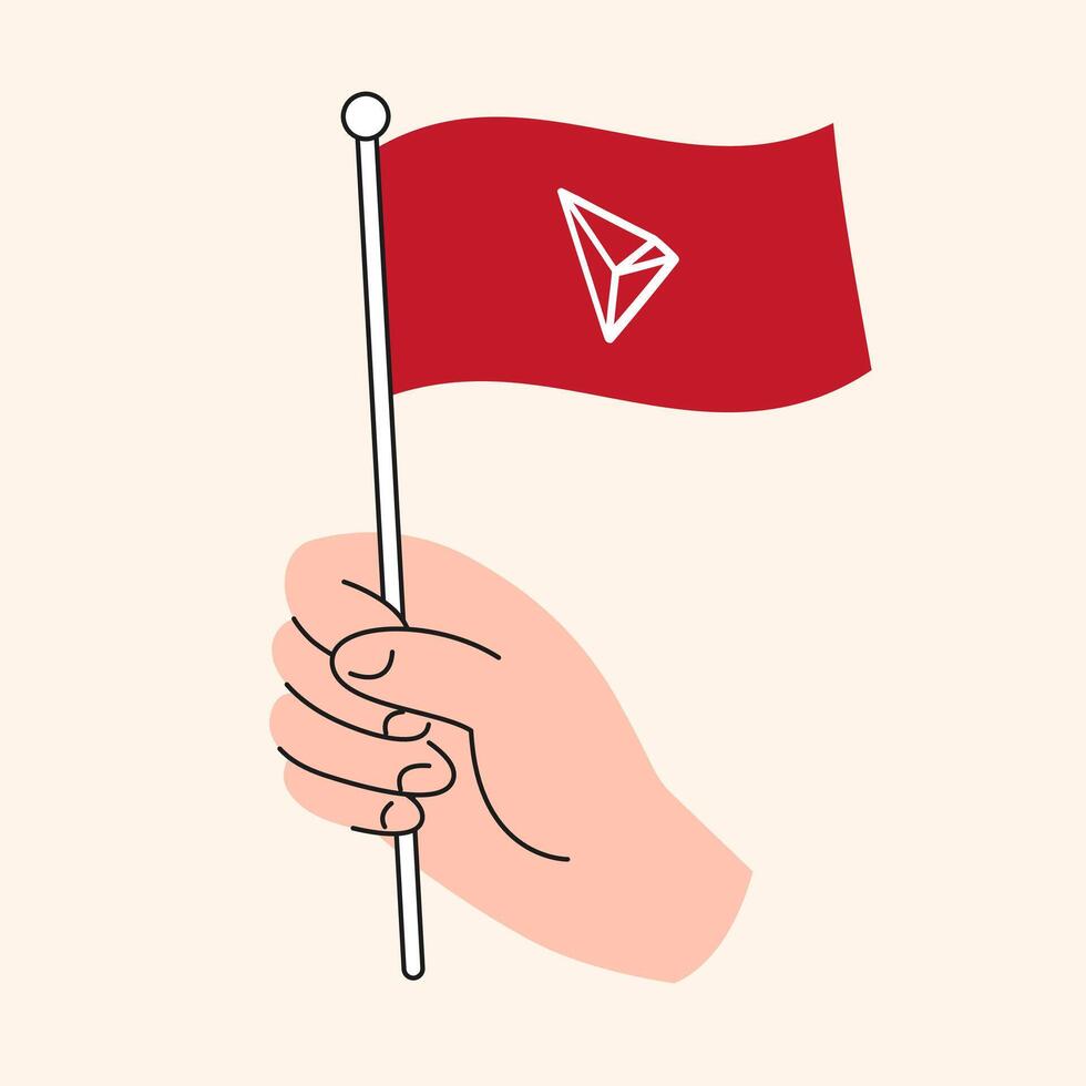 Cartoon Hand Holding Red Tron Flag Representing Cryptocurrency and Blockchain Support, TRX Token Symbol vector