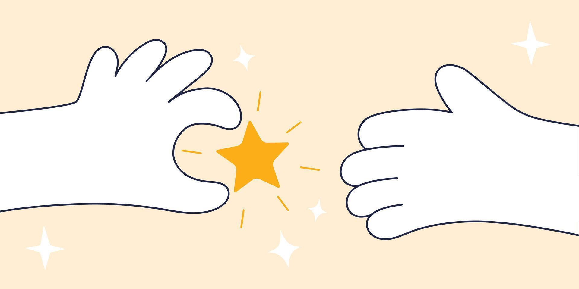 Illustrated Hands Sharing A Star Against A Light Background with Sparkling Accents. Flat Illustration. vector