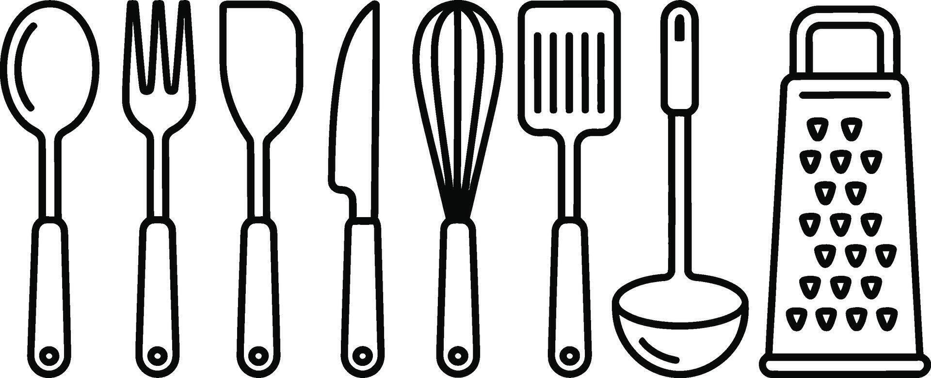 Simple monochrome line art illustration featuring essential kitchen utensils for culinary activities and cooking concepts. vector