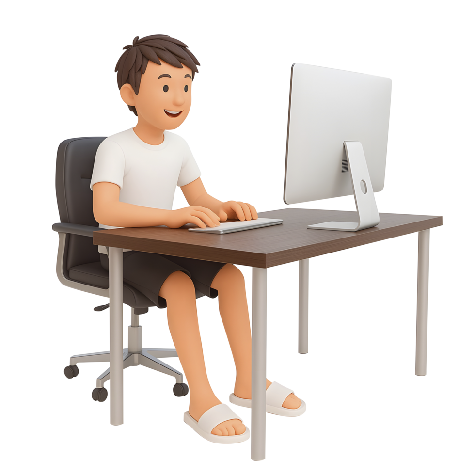 3D Cartoon Freelancer Working on Computer at Home Office Desk png