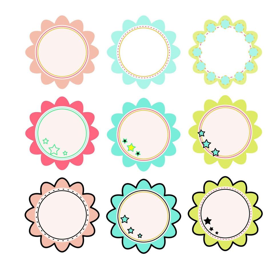 Label, badge, colored circle stickers set with wavy edge graphic illustration vector