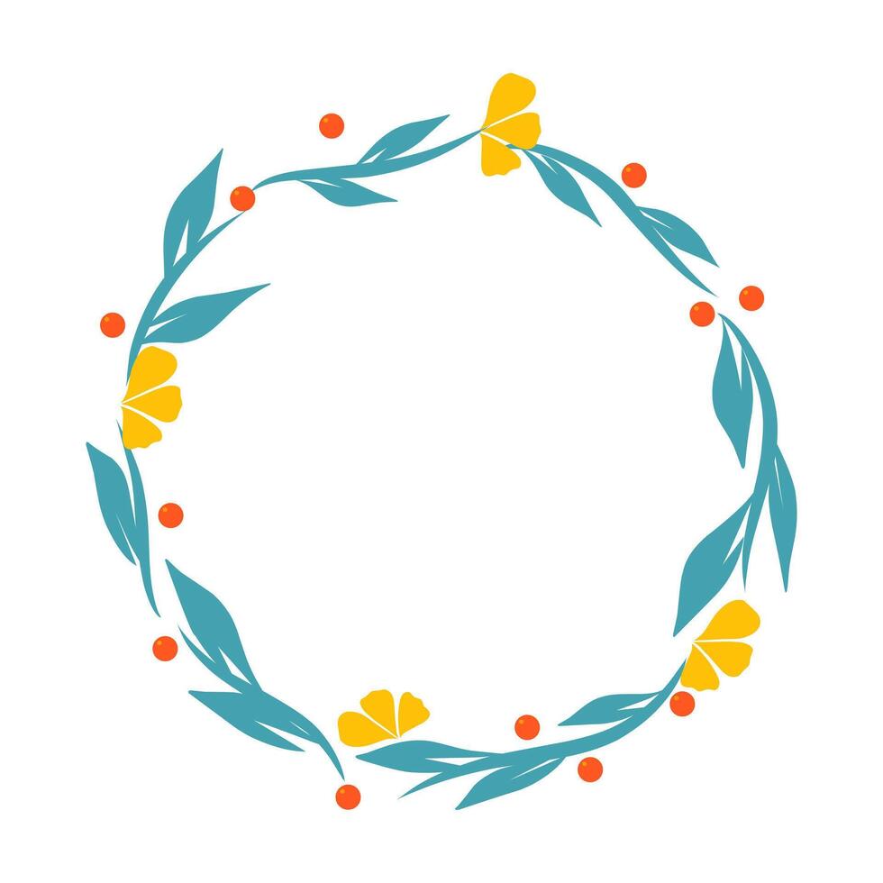 Colorful round floral frame with branches and flowers for invitationc acrd, label, graphic illustration vector