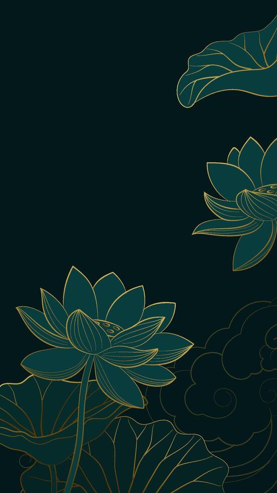 Vertical Chinese style linear lotus illustration with auspicious cloud background vector