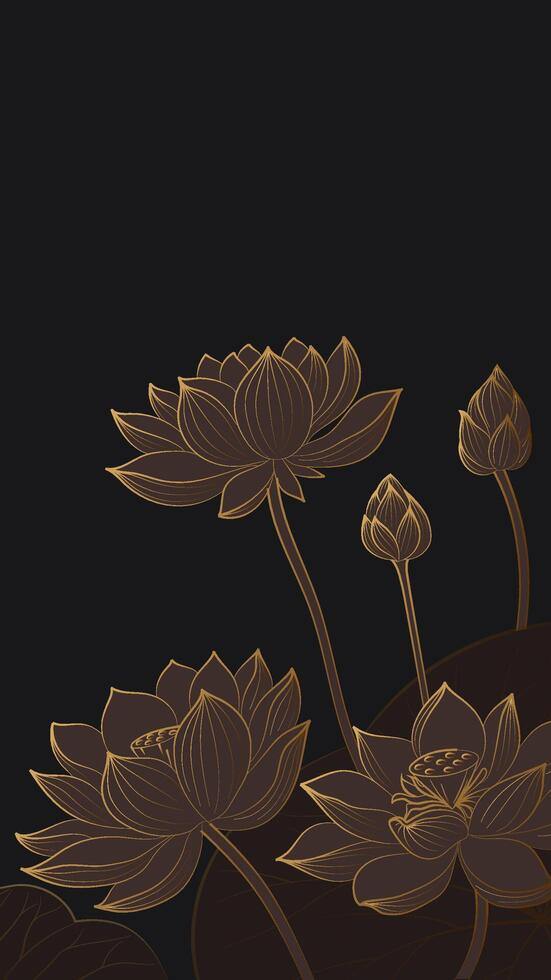 Vertical Chinese style linear lotus illustrations vector