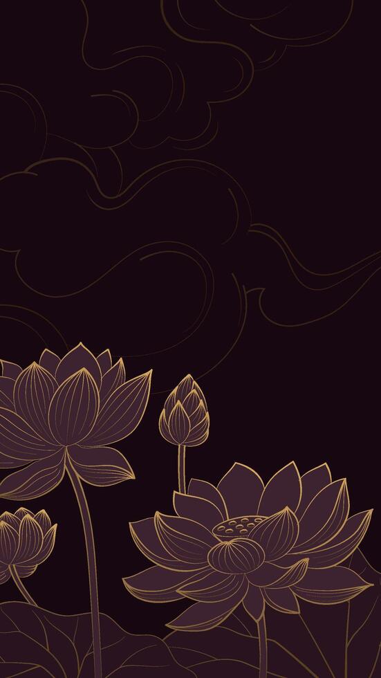 Vertical version of Chinese style linear lotus illustration with auspicious cloud background vector