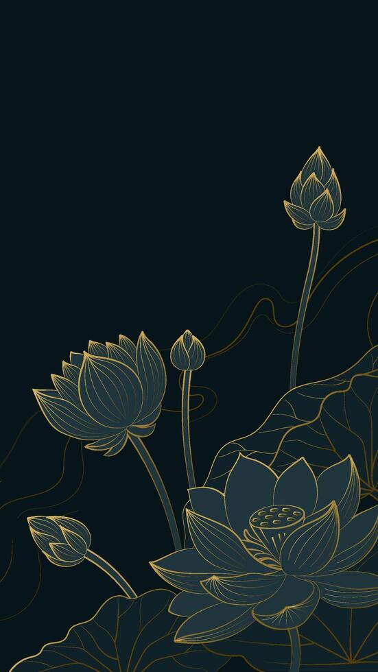 Vertical Chinese style linear lotus illustration with line background vector