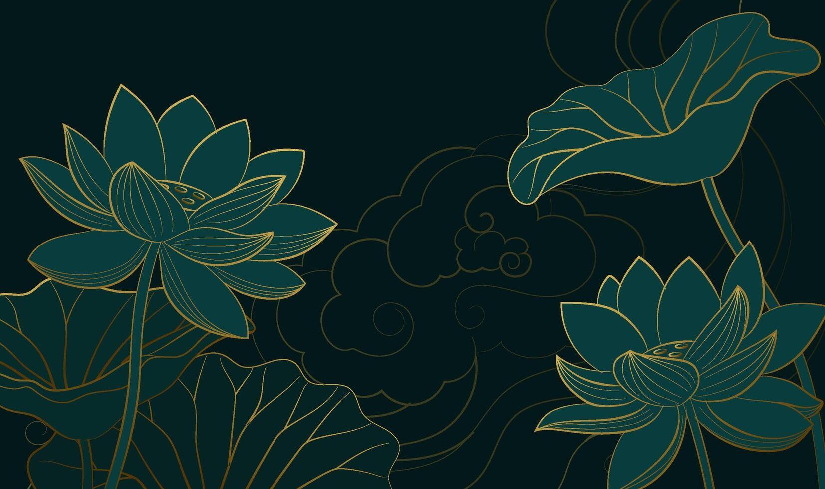 Horizontal Chinese style linear lotus illustration with auspicious cloud background vector