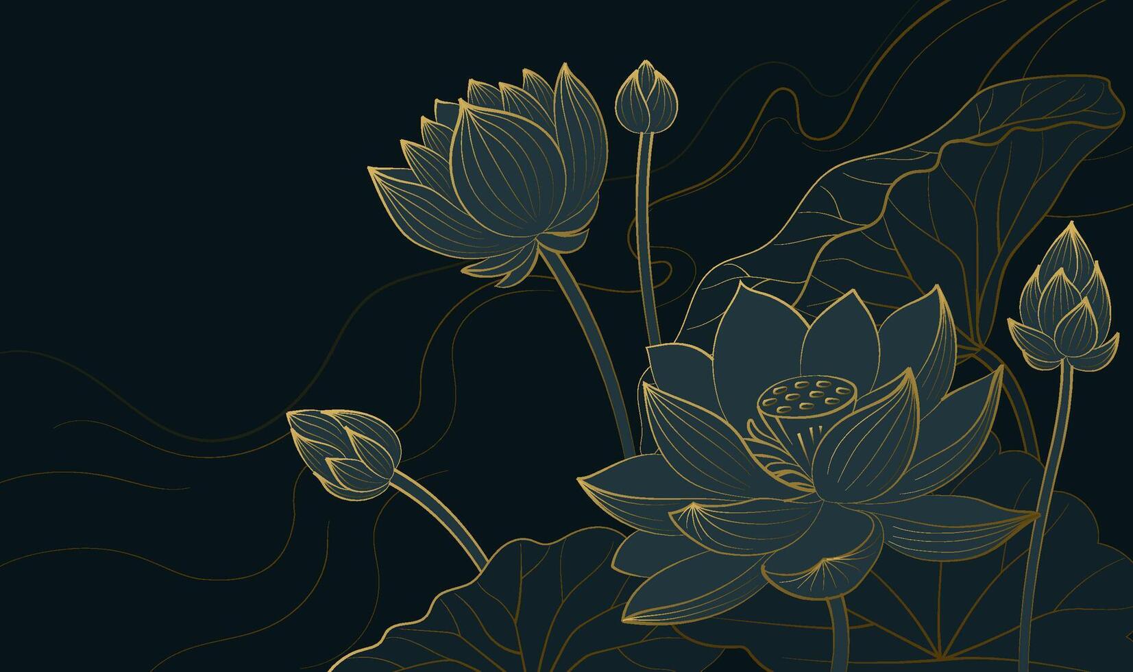Horizontal Chinese style linear lotus illustration with line background vector