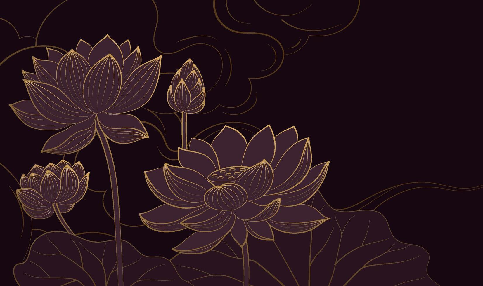 Horizontal version of Chinese style linear lotus illustration with auspicious cloud background vector