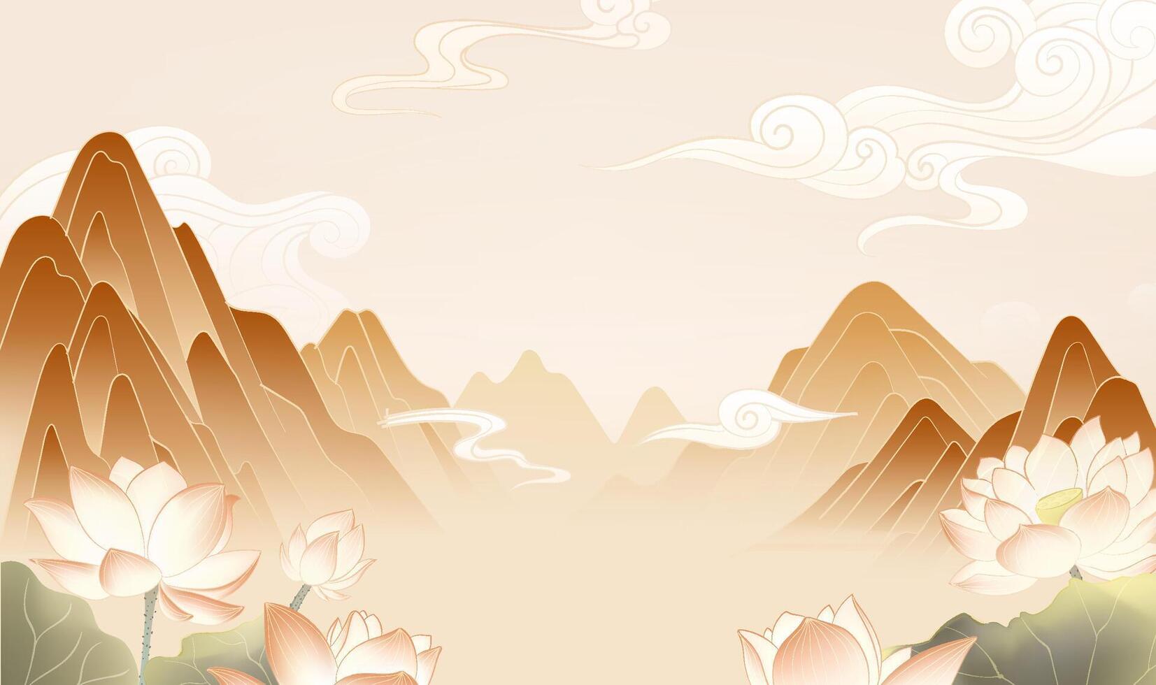 Mountains and lotus flowers in a peaceful scene vector