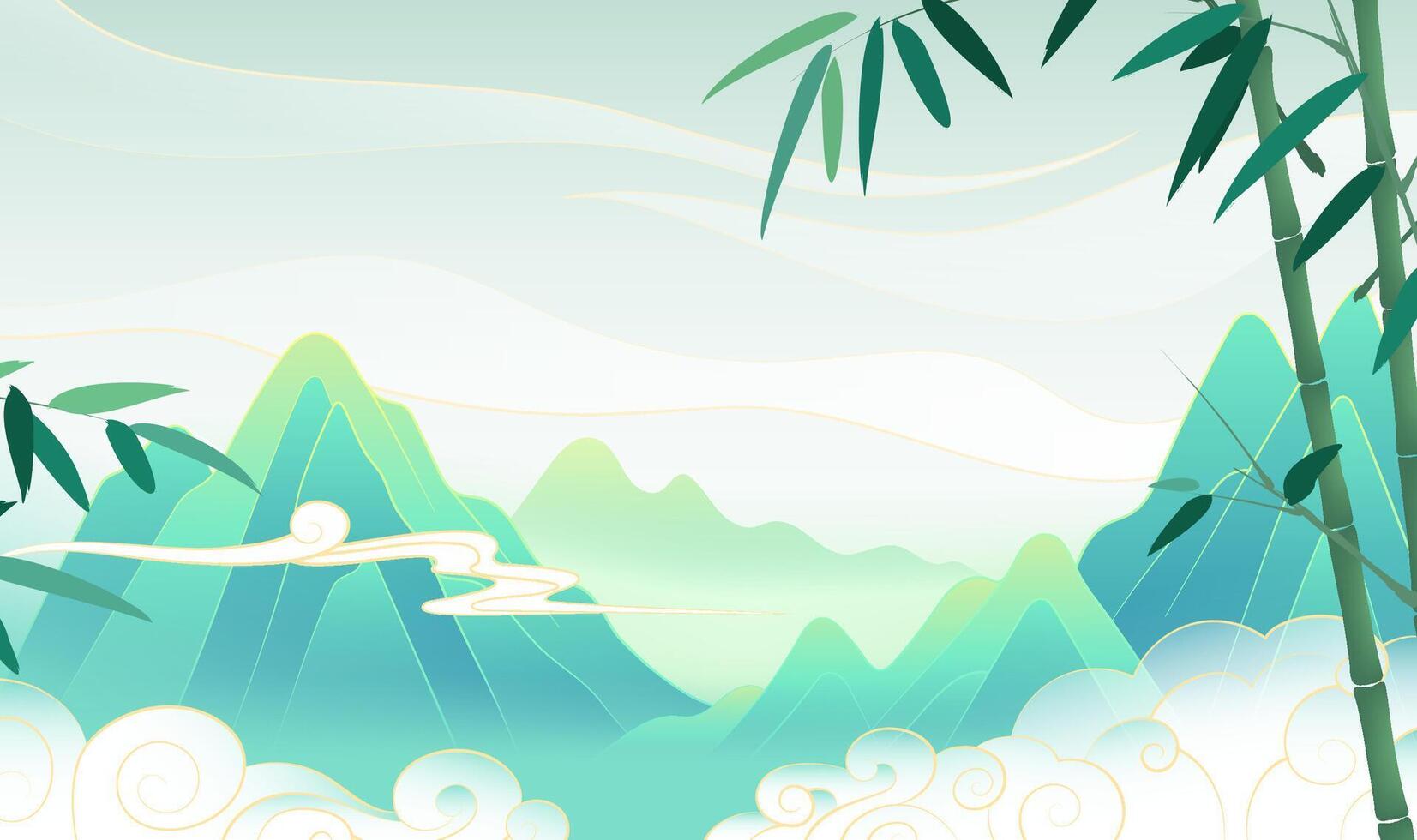 Horizontal version of Chinese landscape painting landscape bamboo and clouds vector
