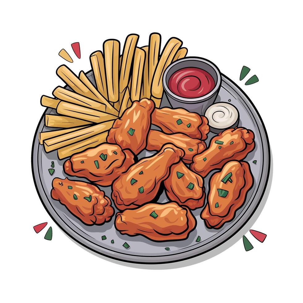A plate of chicken wings and french fries vector