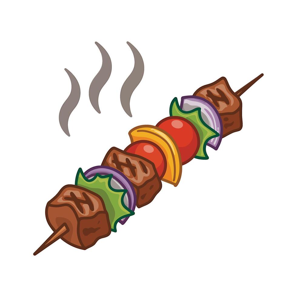 A skewered meat on a skewer with vegetables and fruit vector