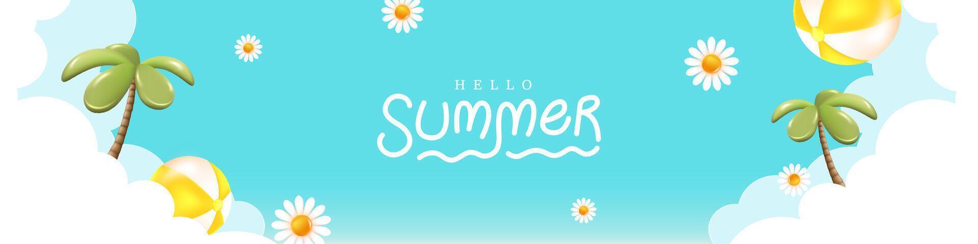 Cute summer header banner with blue sky background palm trees beach balls and white flowers in fun 3D cartoon style for kids theme or seasonal promotion vector