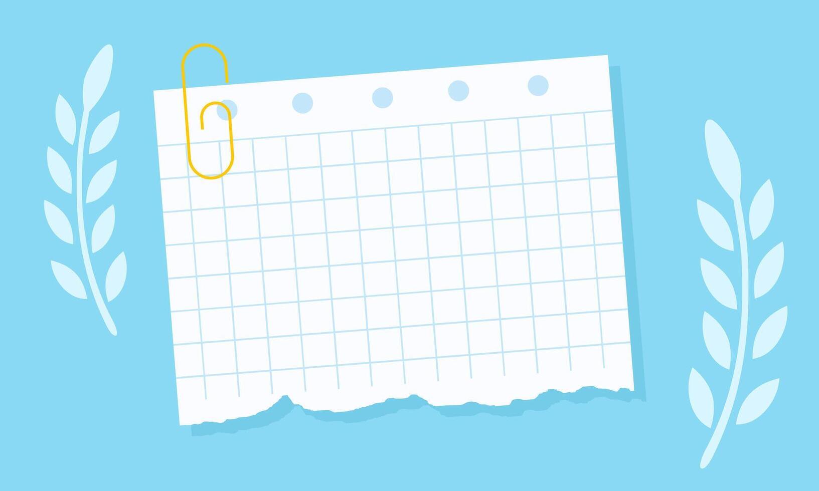 Torn Sheet of Graph Paper with a Golden Paperclip Accent Against a Serene Blue Background and Botanical Elements vector