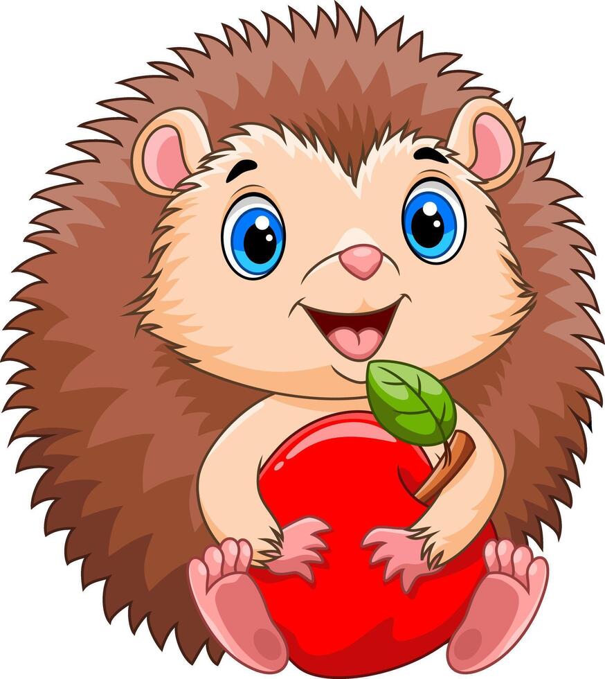 Illustration of Cute hedgehog cartoon smiling while holding an apple vector