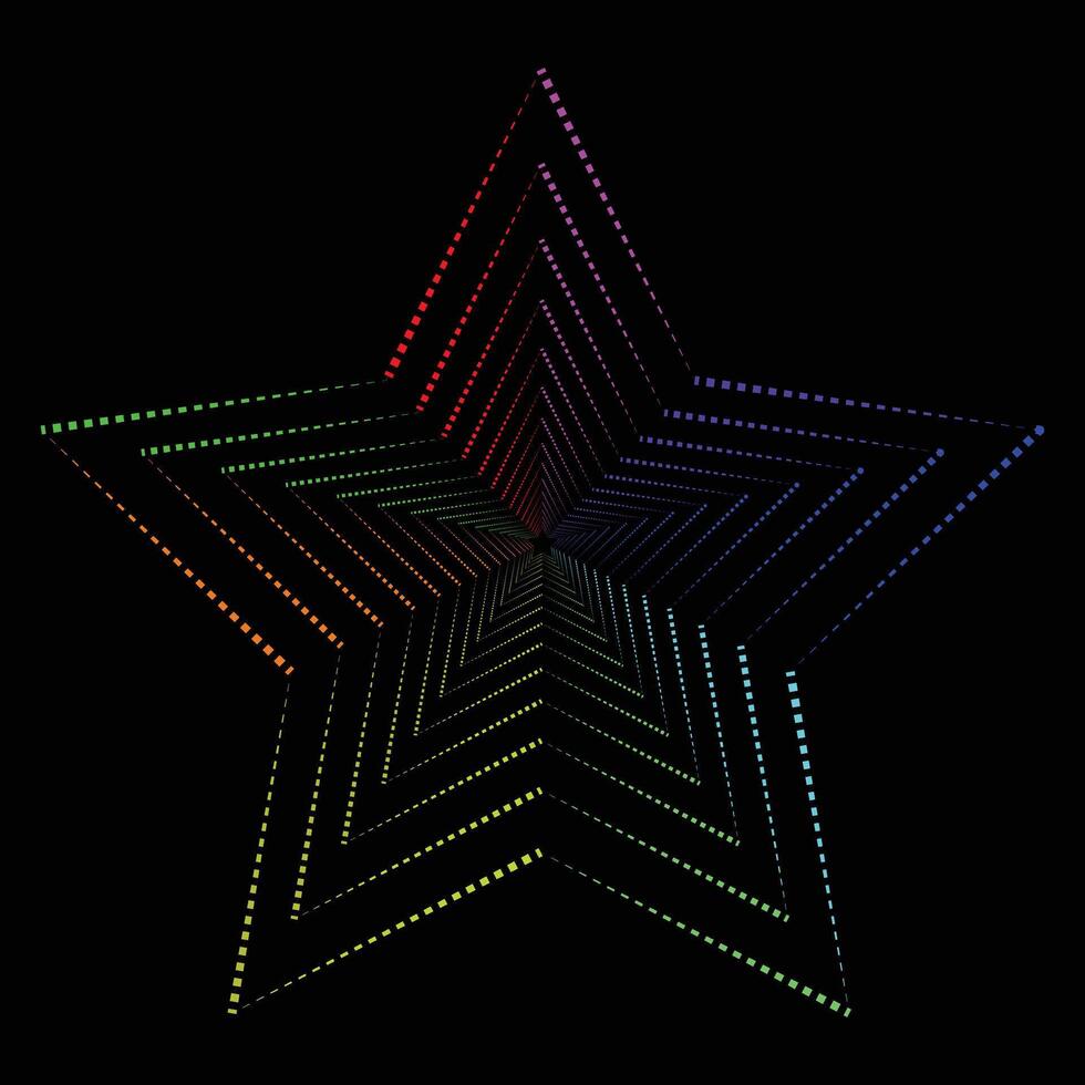 A mesmerizing star-shaped spiral pattern made of colorful rainbow dots on a black background, giving a sense of depth and dynamic motion. vector