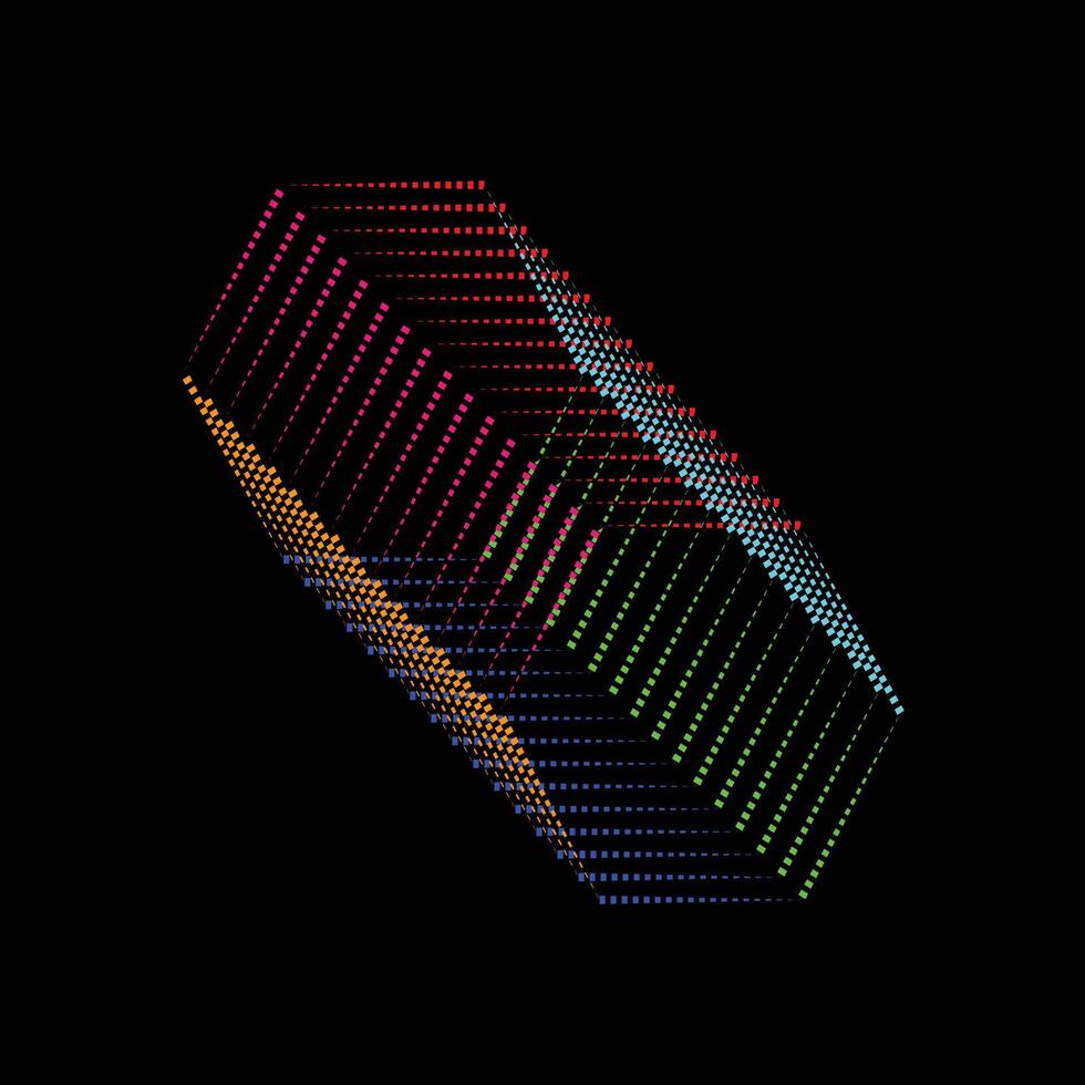A vibrant isometric pixel grid artwork featuring layered squares in multiple bright colors including red green blue pink orange and cyan arranged in a 3D diamond like formation on a black background vector