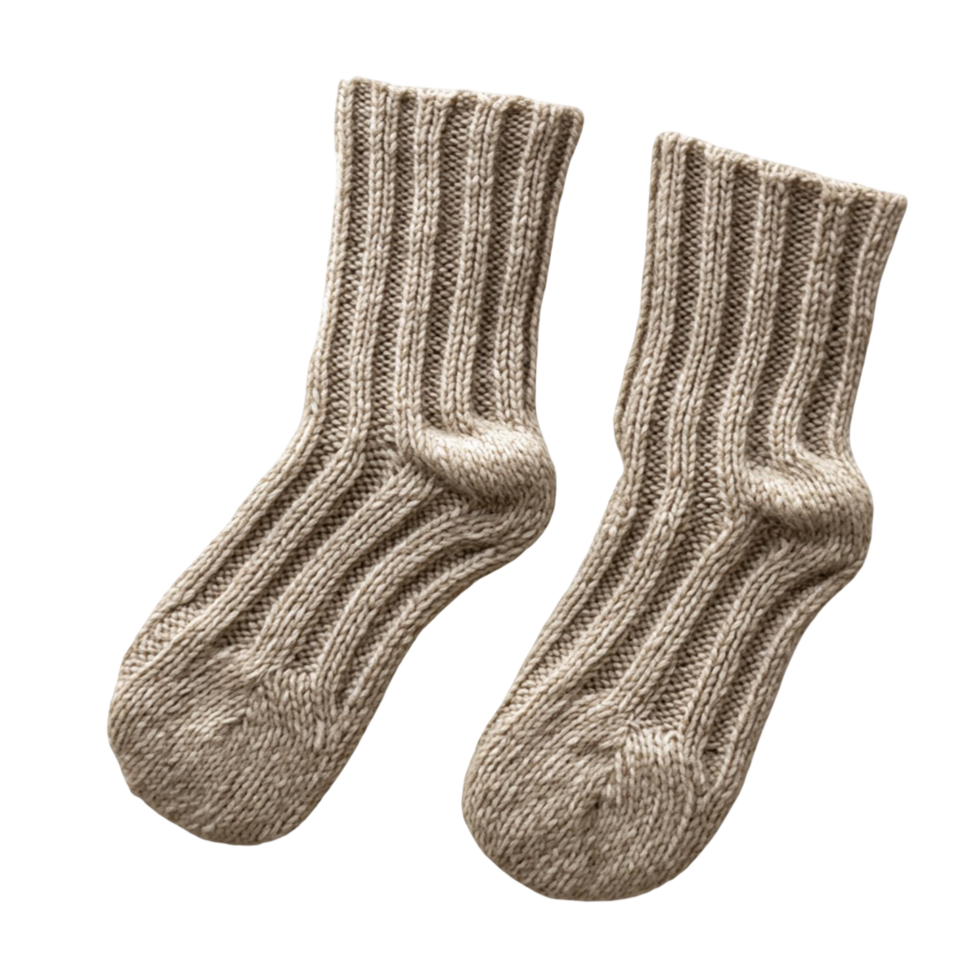 A cozy pair of knitted socks in soft, neutral tones, png