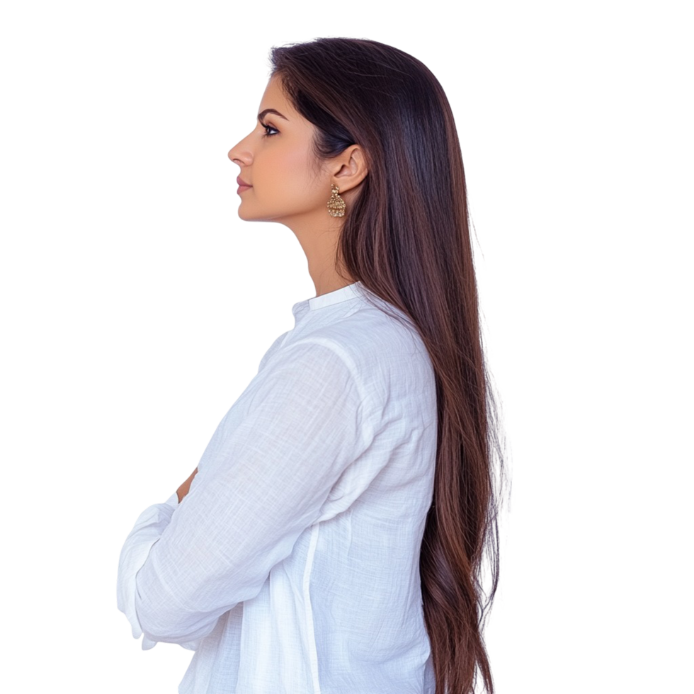 A beautiful Punjabi woman in a white kurta and jeans, captured in a side view, png