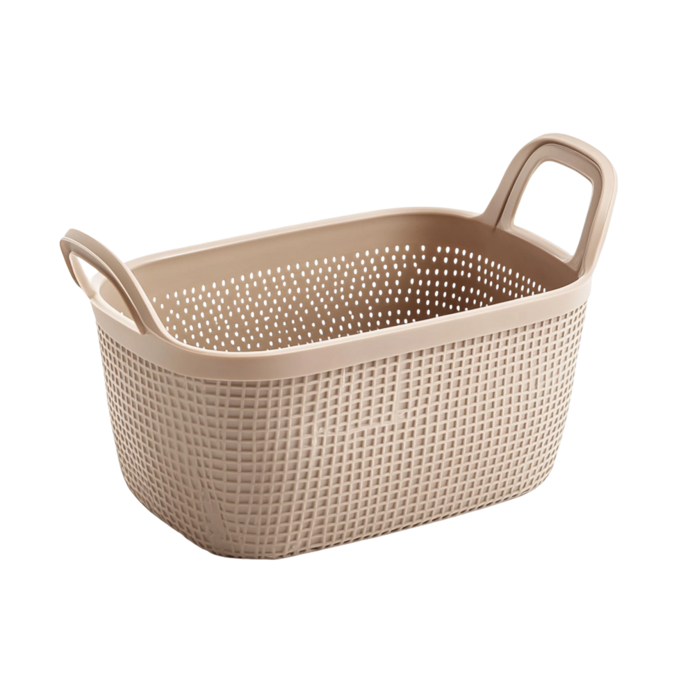 A beige plastic storage basket, with a simple design and sturdy handles, png