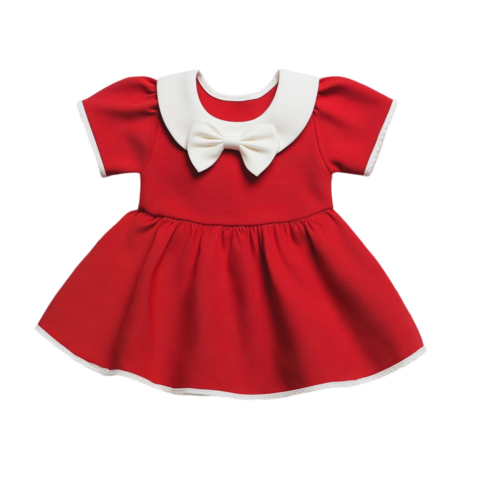 A cute red baby dress with a white collar and a bow png