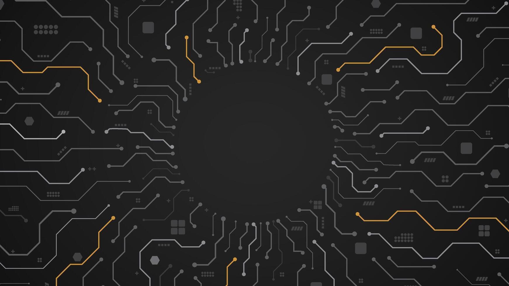 circuit board with grey wire connecting paths with tech yellow lines in circle background template vector