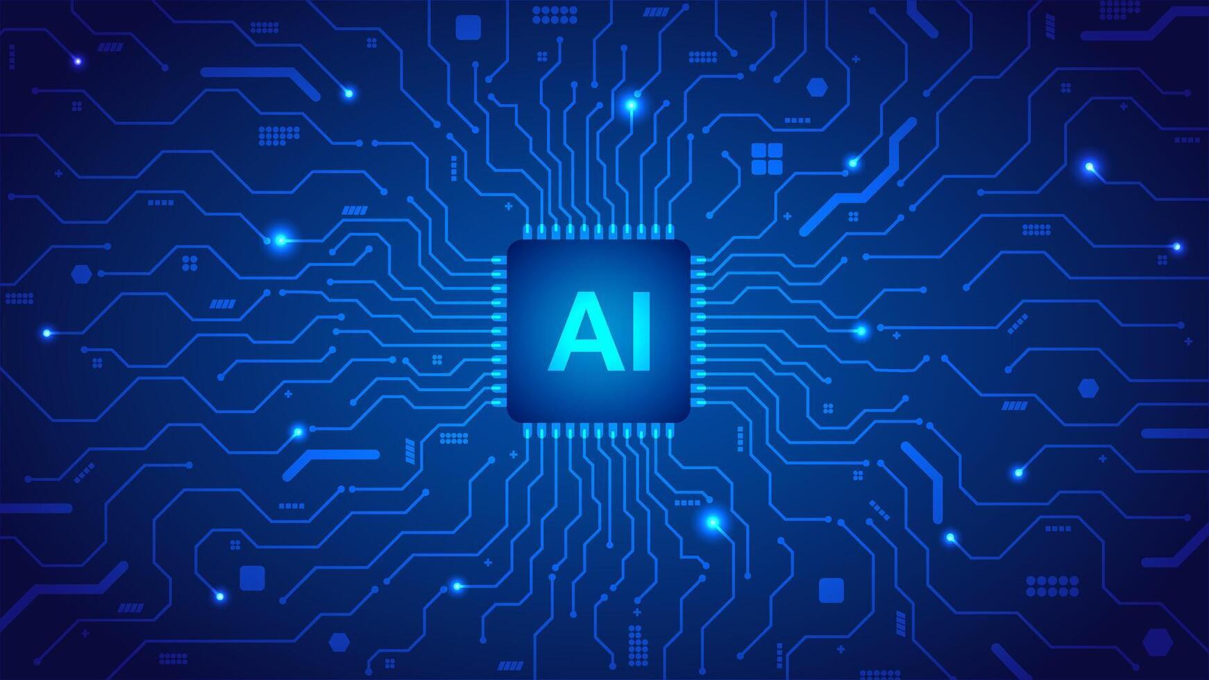 tech Artificial intelligence microprocessor in middle of circuit board in blue background template vector