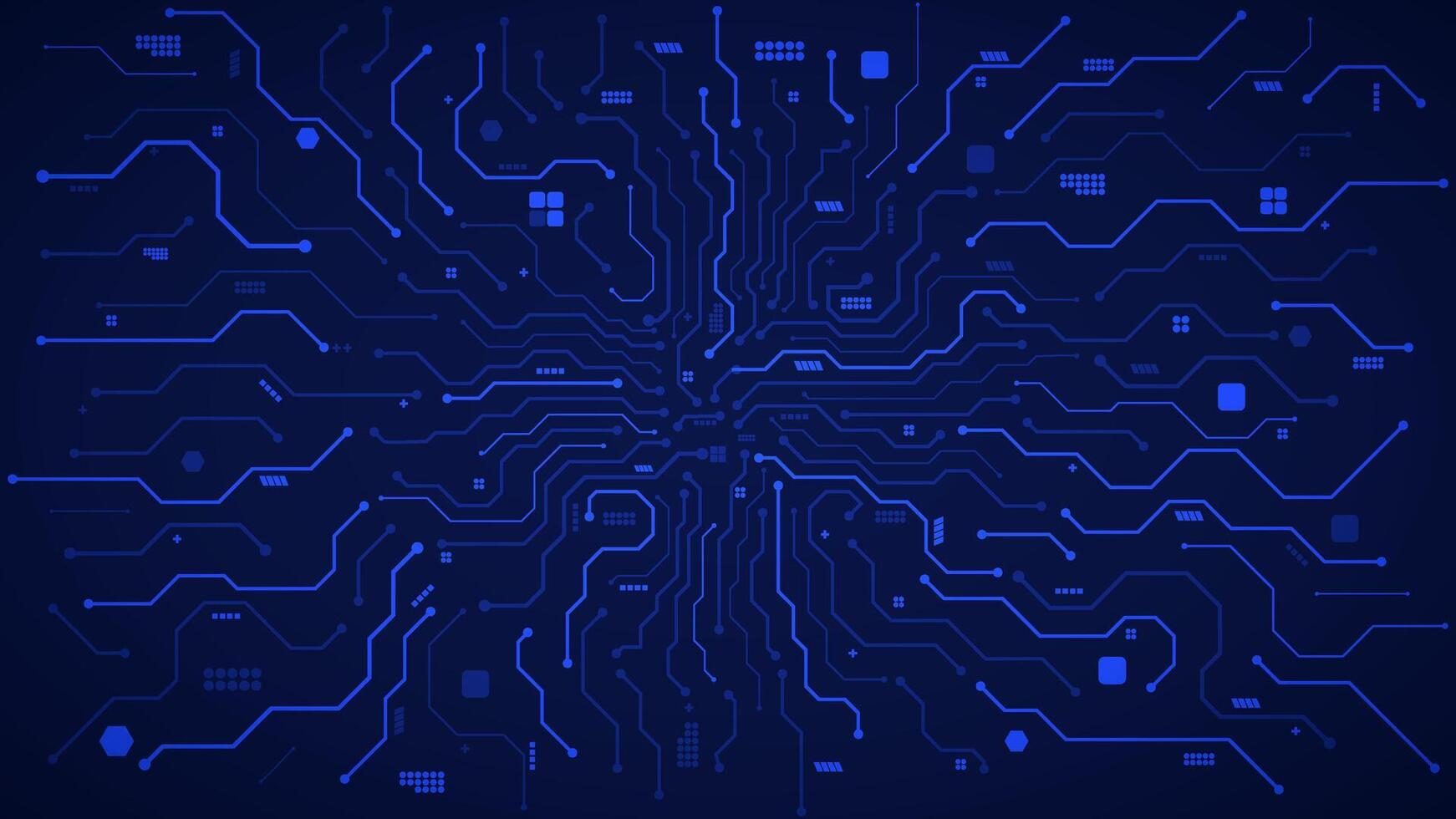 circuit board, artificial intelligence, CPU mother board with connecting paths and electric components in blue background template vector