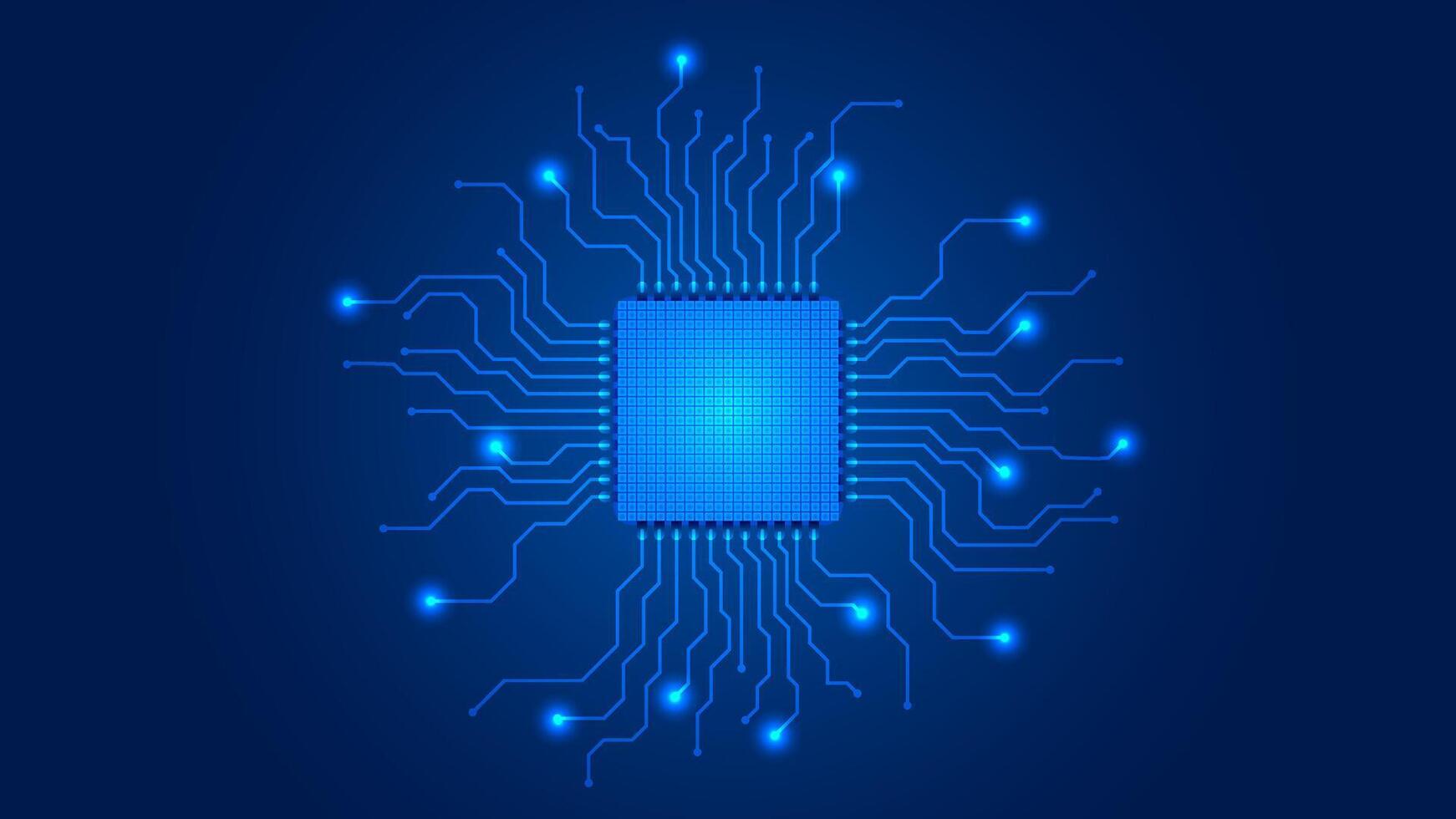 Micro processor, CPU connecting with circuit paths in blue tech background template vector