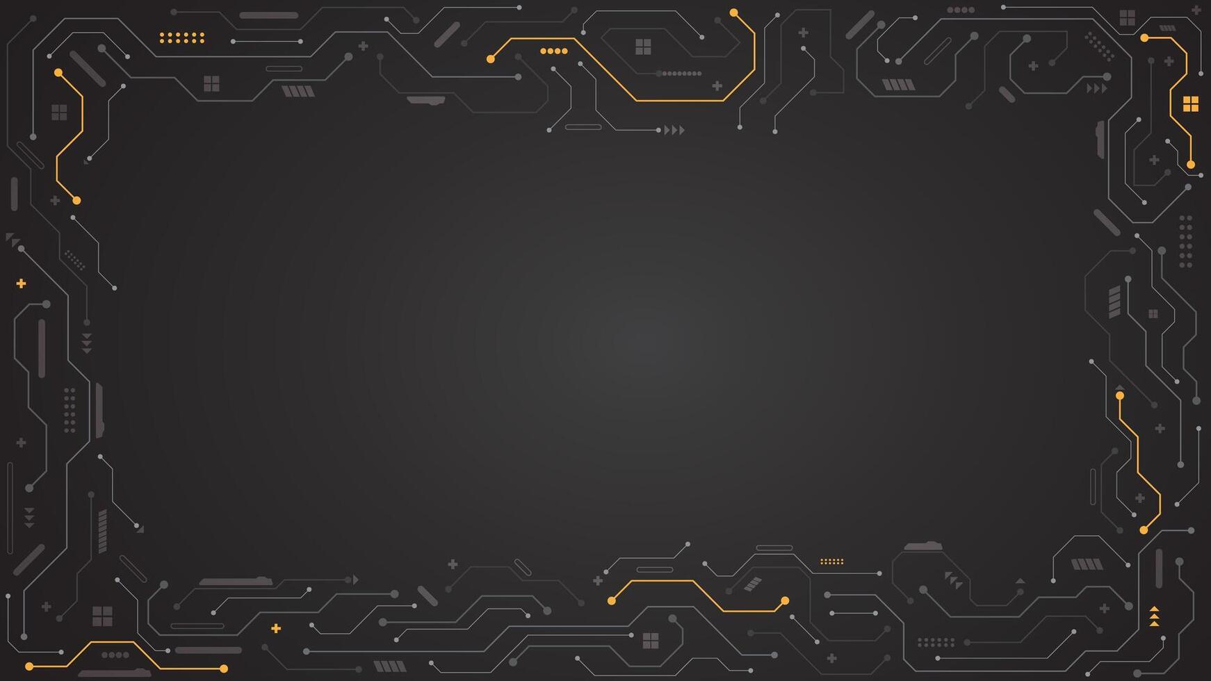 Grey dark circuit wire path frame HUD screen with yellow lines abstract technology business background template vector