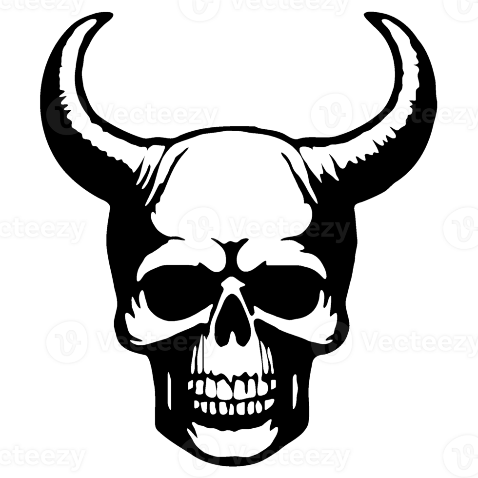Demonic Horned Skull Stencil - Gothic Black and White Evil Skull with Curved Horns for Tattoos, Dark Art, and Horror-Themed Designs Transparent png