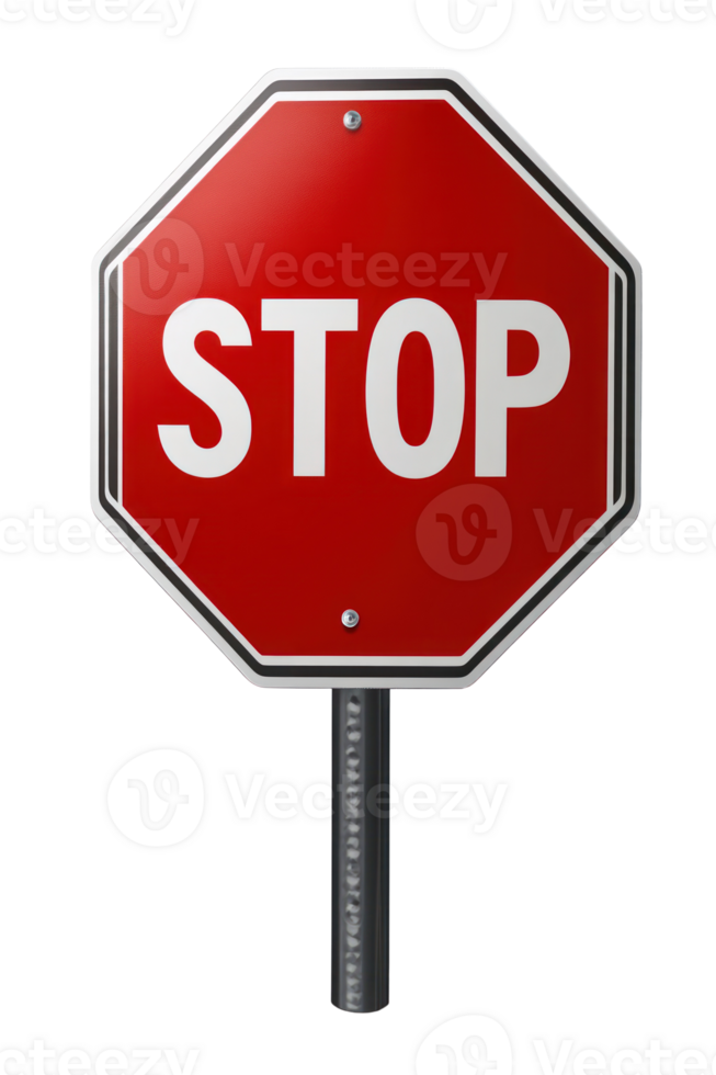 Red octagonal stop sign positioned on a black post indicating a traffic halt in a clear area png