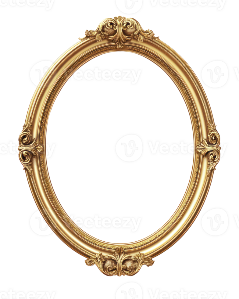 Elegant golden oval frame ready for artwork placement in a bright setting png
