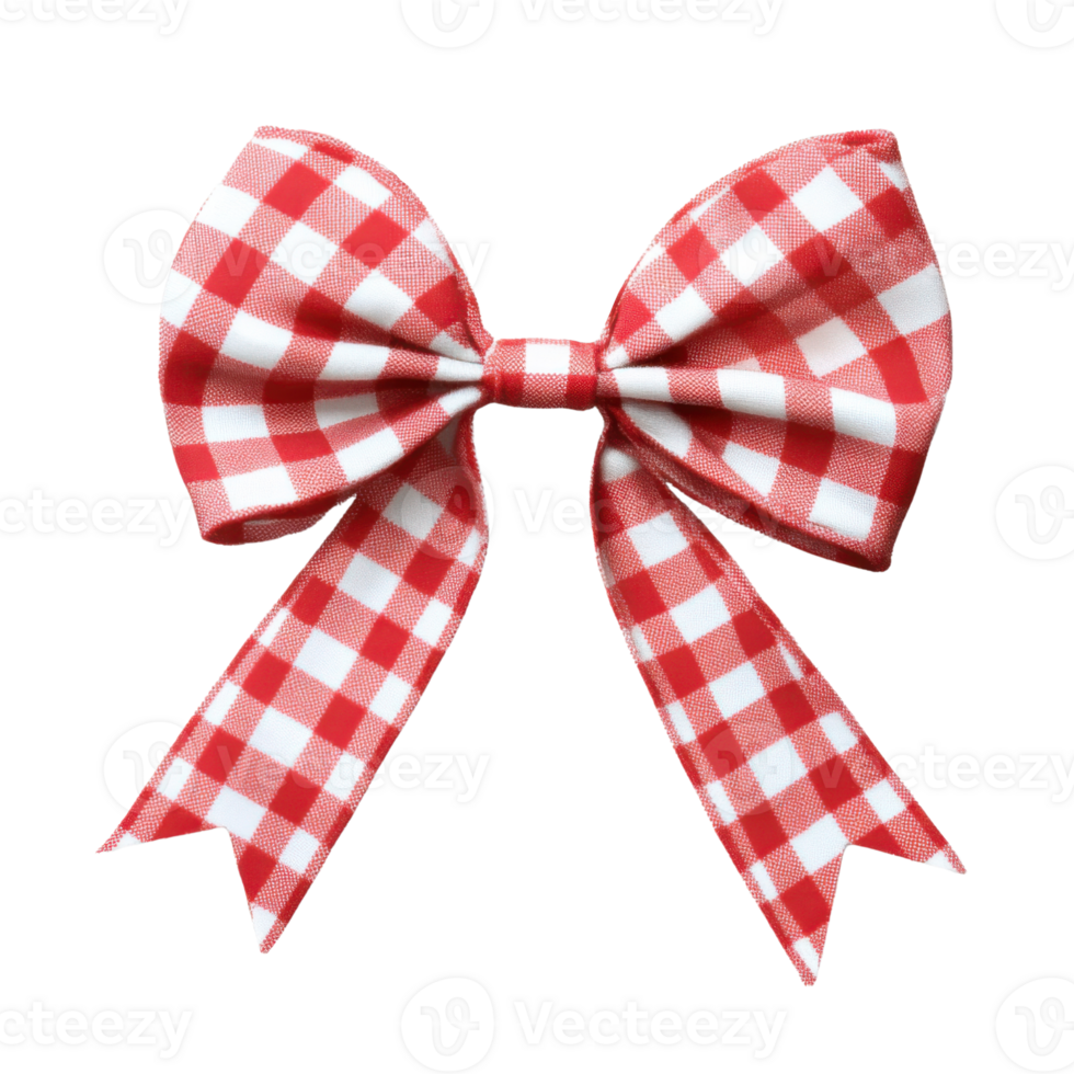 Decorative red and white checkered bow with hanging ribbons png