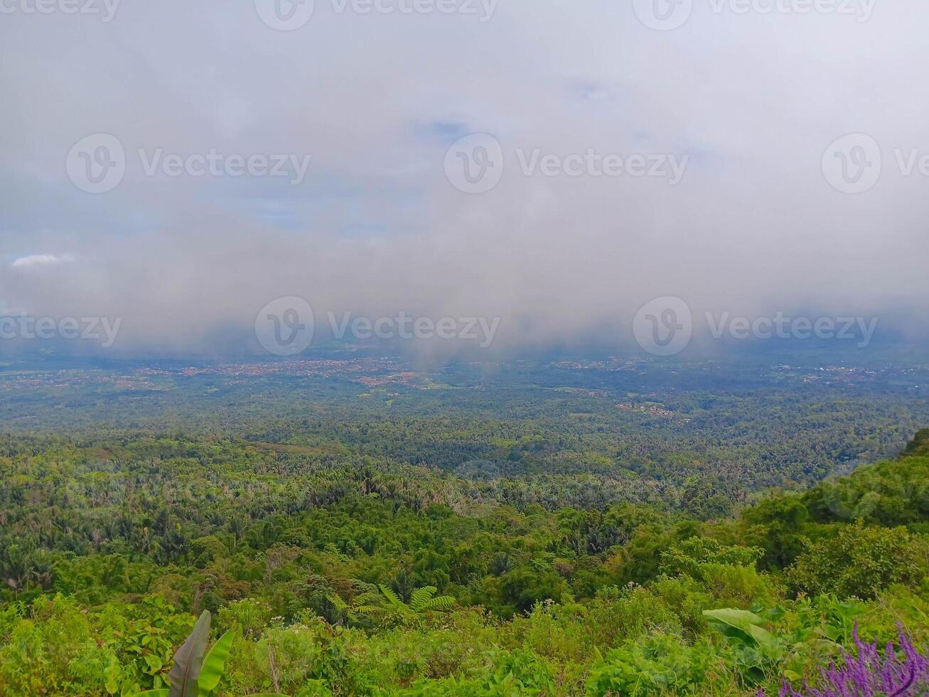Misty Mountain Vista Panoramic View of Lush Green Valley and Distant Cityscape Under a Cloudy Sky photo