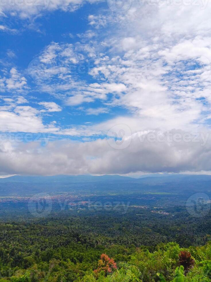 Expansive Vista Lush Forest, Distant Cityscape, Dramatic Sky with Clouds photo