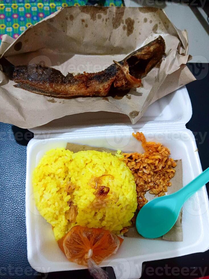 Nasi Kuning with Fried Catfish Indonesian Cuisine in Takeout Container photo