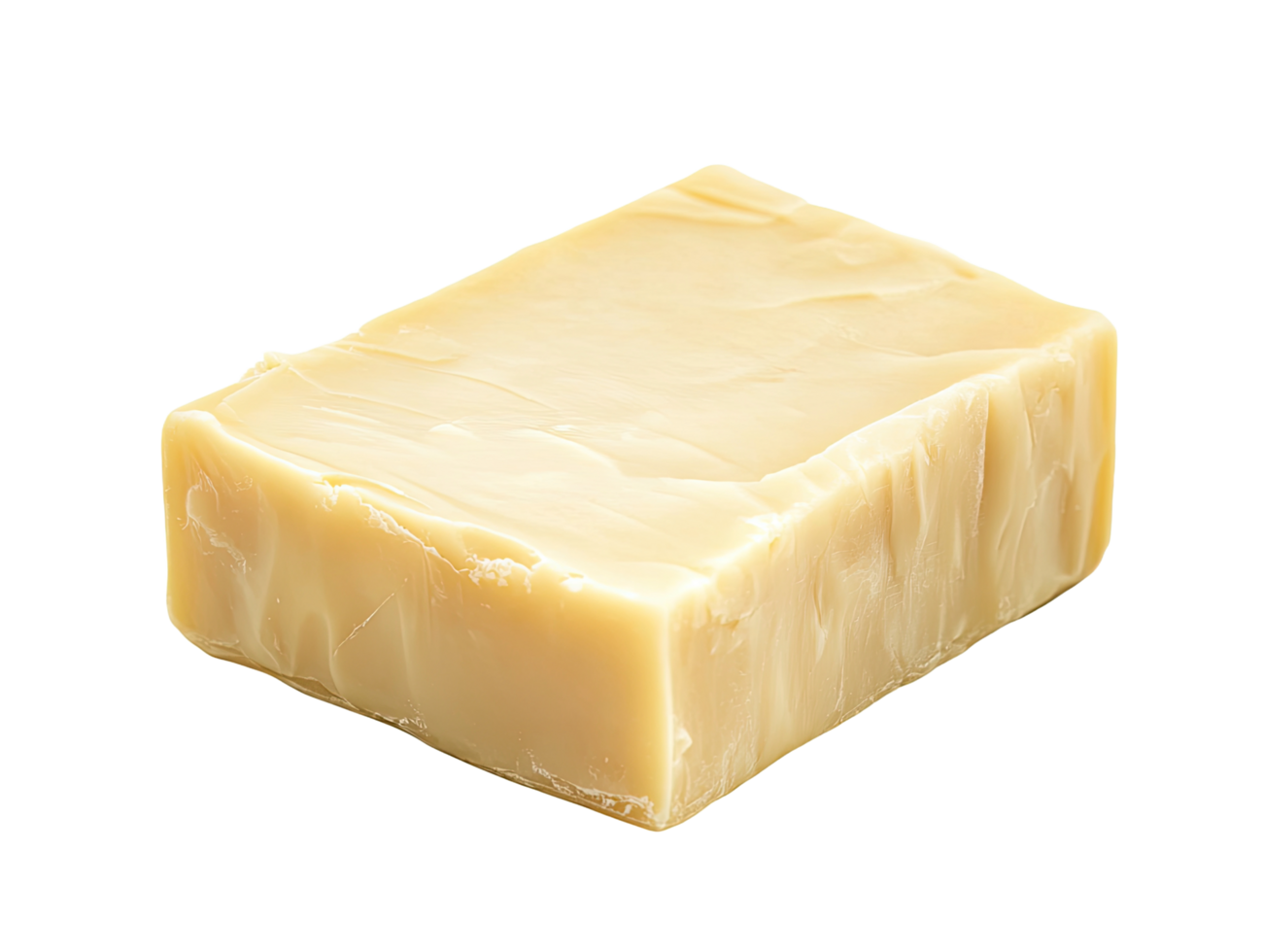 A rectangular block of creamy yellow cheese isolated on transparent background png