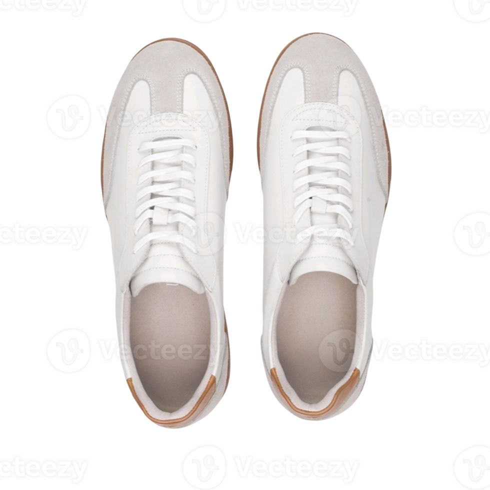 Overhead view of stylish, pristine white sneakers with subtle tan accents against a clean backdrop for a modern aesthetic. png