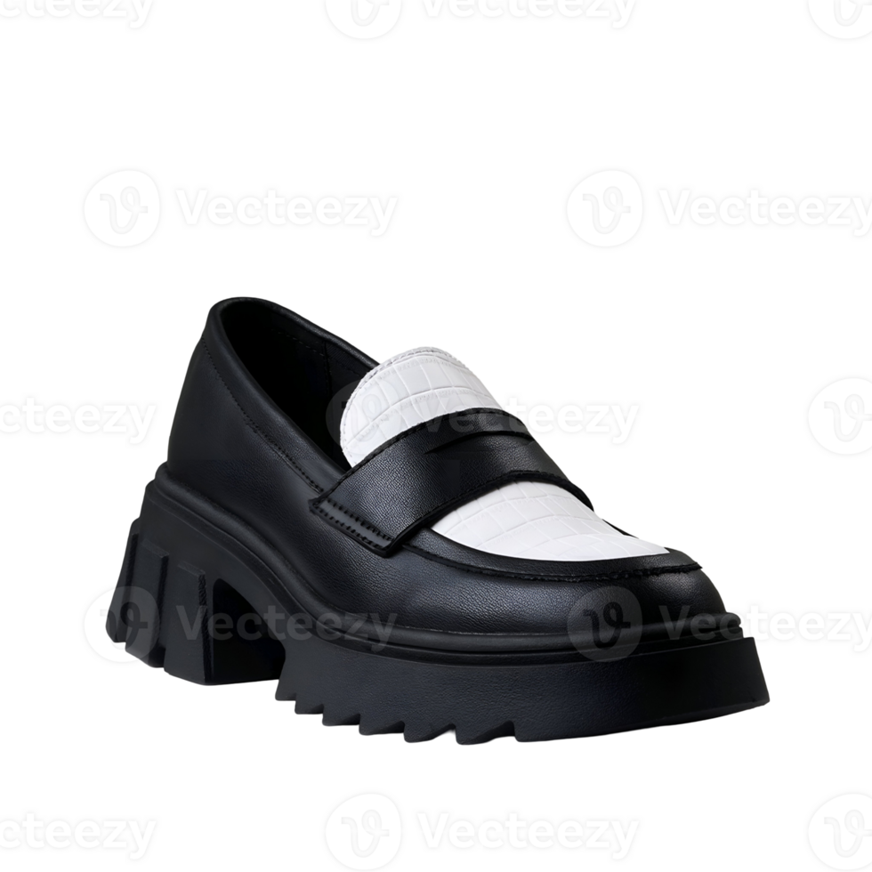 Stylish chunky heel loafer in black and white perfect for making a fashion statement offering comfort and sophistication. png