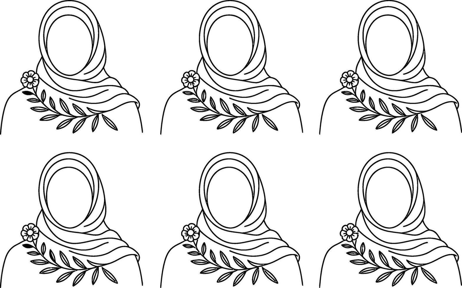 Six Black and White Hijab Illustrations with Floral Accents vector