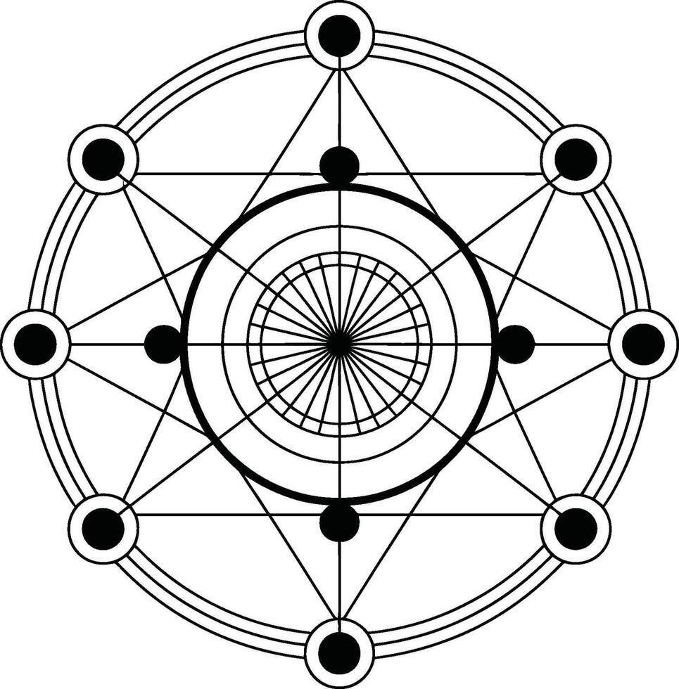 Geometric Black and White Radial Diagram with Circles and Lines vector