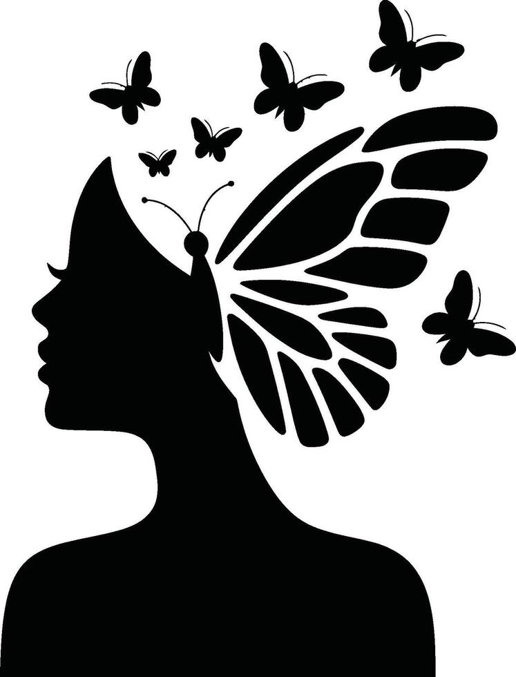 Silhouette of Woman with Butterfly Wing and Butterflies vector