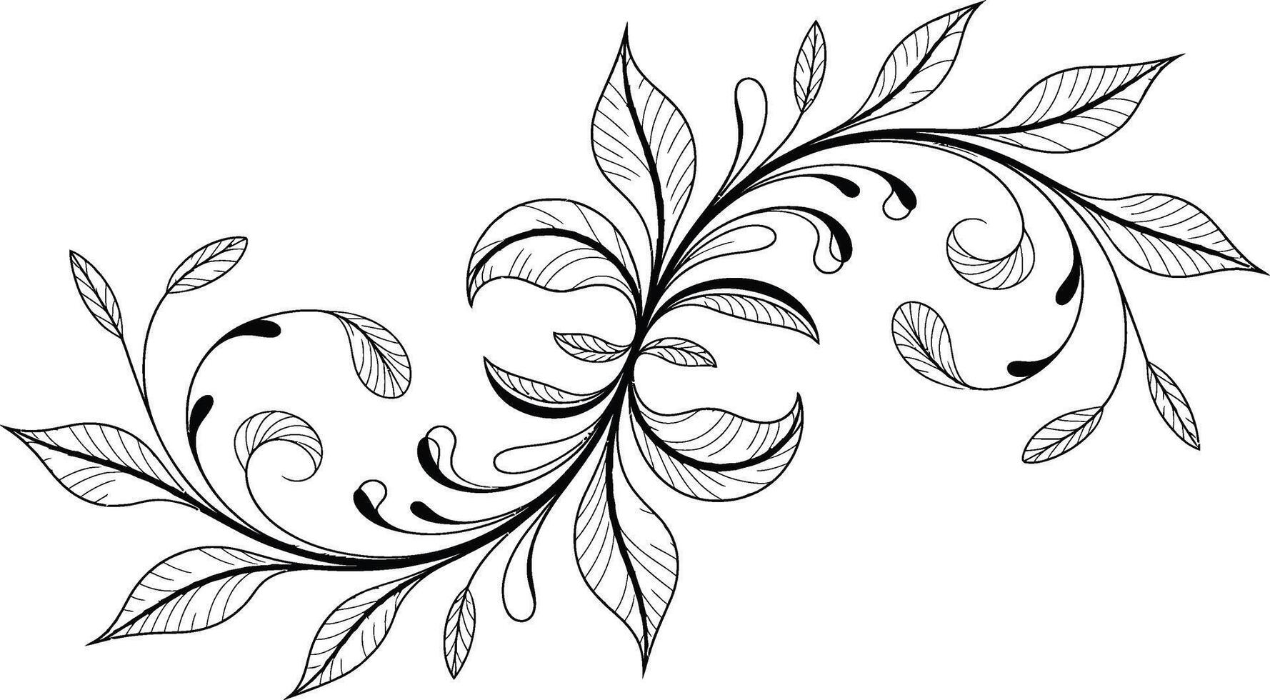 Black and White Floral Illustration with Leaves and Swirls vector